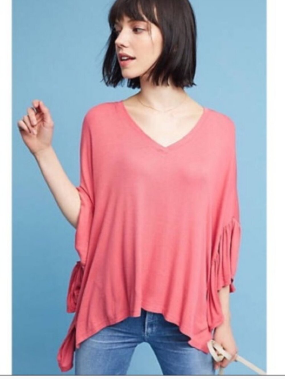 Anthropologie Akemi + Kin Capa Pink Ribbed Fluttered Sleeve Tunic Top M/L
